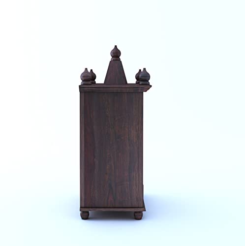 Ganpati Arts Solid Sheesham Wood Temple in Brass Work with Two Doors and One Drawer Storage Wooden Mandir for Home and Office - Walnut Finish 1 Year Warranty