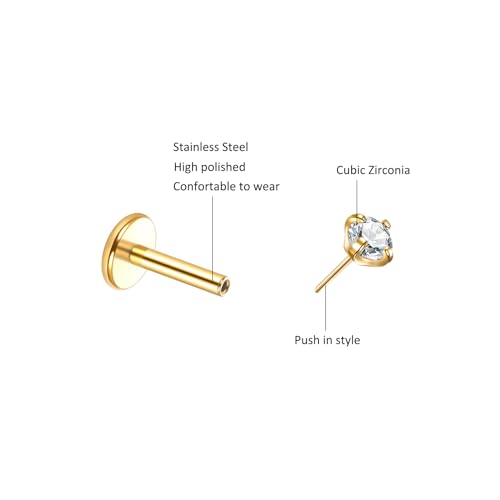 Image of Oveta 18G Gold Nose Stud Threadless Flat Back Tragus Earrings for Women 1 /4 inch Bar Stainless Steel