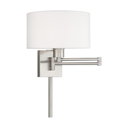 Image of Livex Lighting 40036-91 1-Light Swing Arm Wall Light, Brushed Nickel | Off-White Fabric Shade