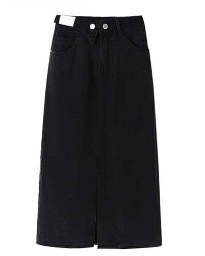 Womens High Waist A-Line Long Skirt with Slit Denim Casual Commute Straight Cut Button Front Denim Skirt