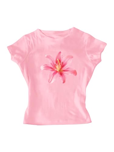 Image of RoseSeek Girl's Floral Graphic Crop Tops Tees Short Sleeve Crewneck Cute Slim Fit T Shirt Summer Tops