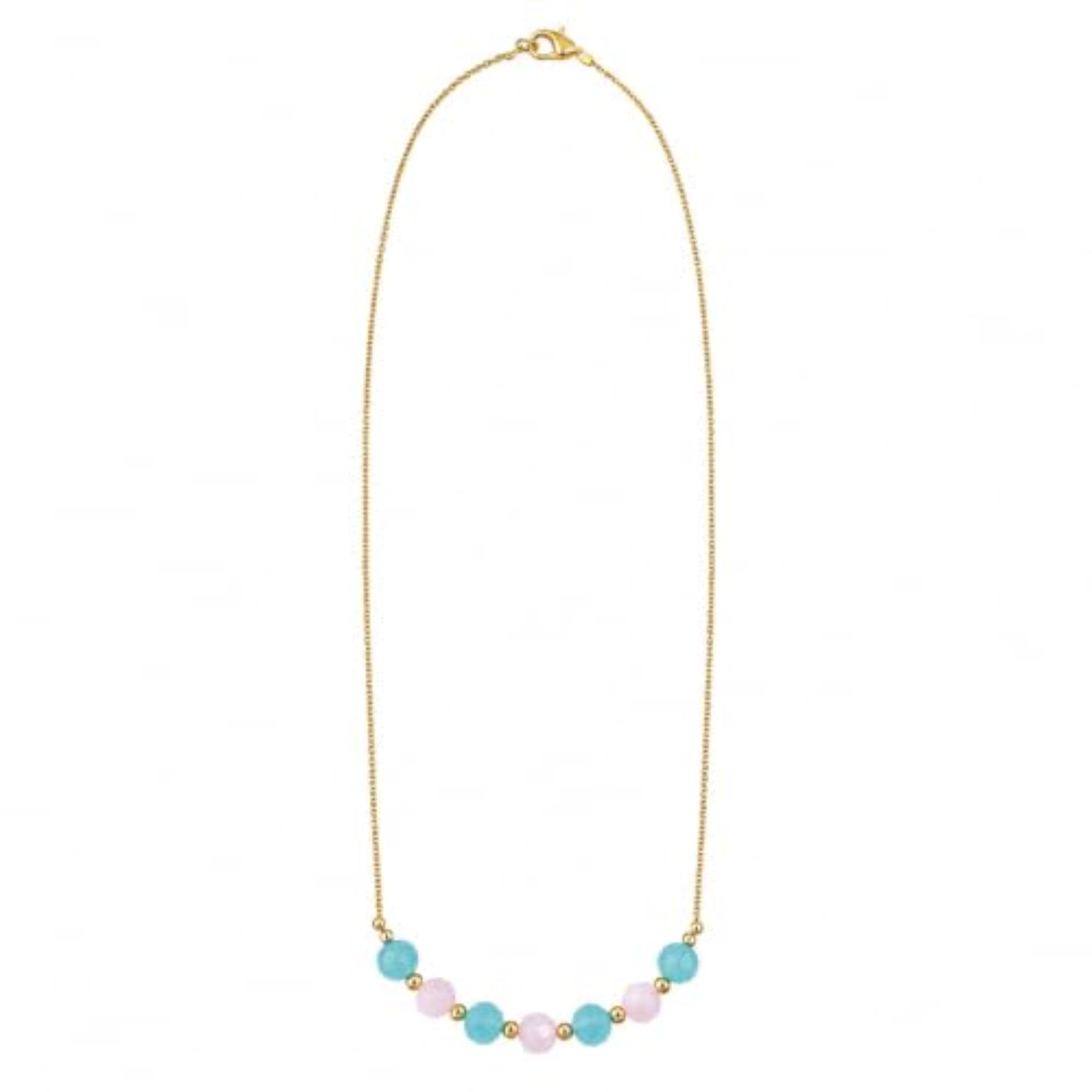 Premium Gold Tone Blue Pink Crystal Bead Necklace, Dainty Fashion