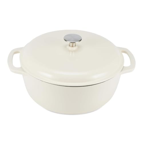 Image of Amazon Basics Enameled Cast Iron Dutch Oven Pot with Lid, Round, Dual Handles, Heavy-Duty, Oven Safe for Stews, Roasting, Baking, 4.3-Quart, White