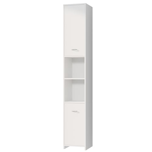 CASARIA® Armario Alto de Baño 180x30x30 MDF Aparador Auxiliar Blanco 2 Puertas 6 Estantes Columna de Baño