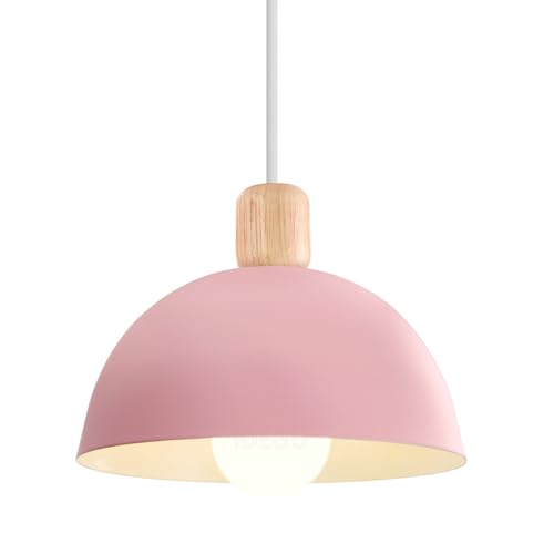 iDEGU Ø20cm Hängelampe Retro E27 LED Hängeleuchte Moderne Skandinavisch Deckenleuchte aus Metall Holz Pendelleuchte für Schlafzimmer Esszimmer Küche Restaurant (Rosa, 1 Stück)