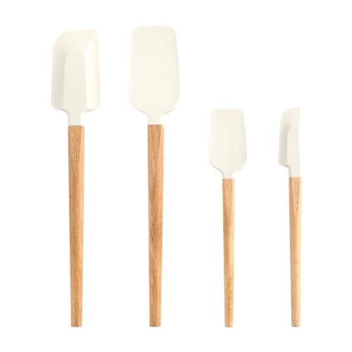 Bekecidi Set di 4 Spatole in Silicone, Spatola in Silicone con Manico in Legno Cucchiaio Spatola Resistente al Calore Utensili da Cucina in Silicone per Cucinare, Cuocere al Forno e Mescolare (Bianco)