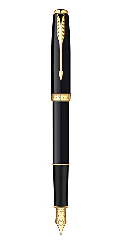 Parker Sonnet Black Lacquer with Golden Trim, Fountain Pen, Medium nib with Black ink (S0808710)