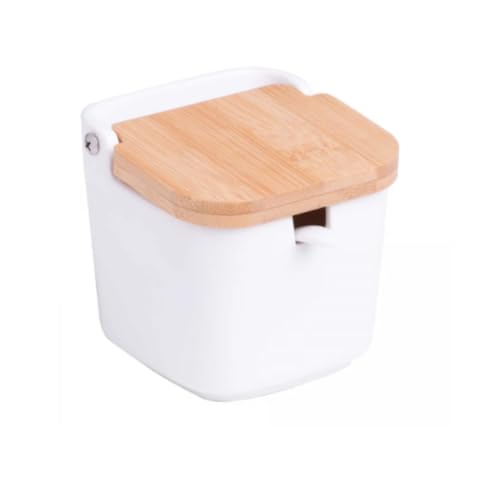 Saleiro de Mesa de Cerâmica com Tampa de Bambu e Colher Bianco 9cm x 8,5cm - Lyor
