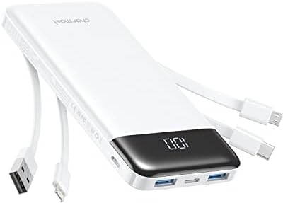 VEEKTOMX Power Bank 20000mAh Con Cavi Integrati (Micro, USB-C, IOS), Display LED, 5 Uscite E 2 Ingressi, Cordino, Bianco, Per IPhone, Huawei, Xiaomi, IPad, Switch
