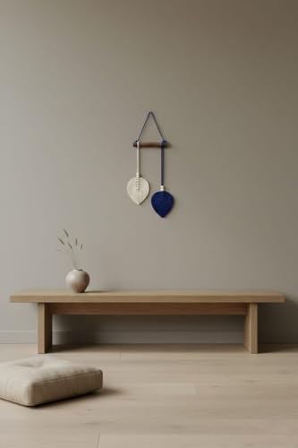 Image of AdFashionble Boho Macrame Wall Hanging Leaf Decor for Home, Living Room & Bedroom | Cotton Thread Art with Wooden Rod | Minimalist Handmade Wall Decoration | Aesthetic Nordic Wall Art for Home, Office & Gift Purpose (BLUE & OFFWHITE)