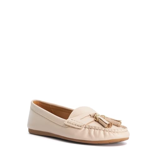 Image of Dune London Ladies Geen Leather Tassel Trim Loafers Size UK 8 Blush