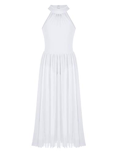 CHICTRY Kids Big Girls Turtleneck Lyrical Dance Dress Cutout Back Ballet Leotard Mesh Maxi Skirt White 15-16