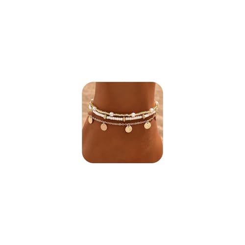 FloralGrace Muschelkette damen Fußkettchen Set für Damen, Gold Boho Perlen Verstellbares Fußkettchen, Hawaii Strand Muschel Perlen Herz Seestern Kamm Fuß Schmuck