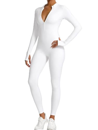 speerise Women Long Sleeve One Piece Workout Jumpsuit Romper Bodysuit Tummy Control Body Suits Jumpers thermal friendly layer for snow, ski recovery White S