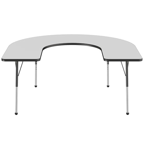 Image of FDP Horseshoe Activity School and Office Table (60 x 66 inch), Standard Legs with Ball Glides for Collaborative Seating Environments, Adjustable Height 19-30 inches - Gray Top and Black Edge