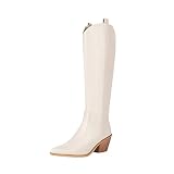 Reitoye Western Cowboy Boots for Women Knee High Chunky Low Heel Retro Cowgirl Boot Shoes US 11