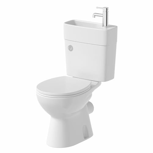 Baystone® 2 in 1 Toilet Basin Combination Combined Close Coupled Toilet & Wash Sink, Dual Flush Cistern, Space Saving Bathroom Cloakroom WC with Basin On Top Soft Close Seat, Oval Pan, White Gloss