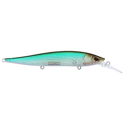 Small hard bait lure with a metallic finish and two treble hooks, shown on a plain background