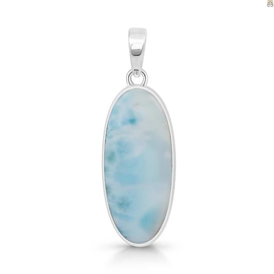 Collier avec pendentif en larimar naturel – Pierre précieuse ovale bleu clair en argent sterling 925 – Cadeau fait main pour femme – Bijoux en cristal...