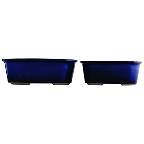 Wazakura Banko Series 2 Pieces Blue Handmade Bonsai Pot Set With Drainage Holes, Round Made In Japan Ceramic Garden Planter Pack, Decorative Flower Vase, Glazed Houseplant Bowl - Blue Round 2Pc Set #TOP1