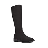 ESSEX GLAM Women's Knee High Boots Ladies Biker Riding Classic Flat Low Heel Black Faux Suede Long Shoes Size 5