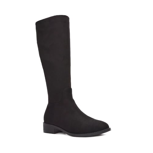 ESSEX GLAM Women's Knee High Boots Ladies Biker Riding Classic Flat Low Heel Black Faux Suede Long Shoes Size 3
