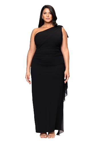 Xscape Women's Scuba Crepe Asymmetrical Neck and Chiffon Sash Floor Length Dress (Plus)