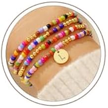 Turandoss Gifts for Teen Girls Kids - 4PCS Colorful Beaded Initial Bracelets, Cute Stretch Beaded Bohemian Disc Initial A-Z Stackable Bracelet Jewelry for Women Girls Stuffers Birthday Gifts