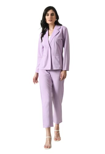 Image of Women's Lyocell Casual Solid Full Sleeve Collared Top and Pant Set with Blazer | Western Set for Women