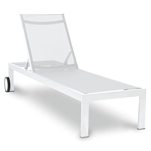acamp Sonnenliege mit Rollen Rimini | Optimaler Komfort durch verstellbare Rückenlehne | Atmungsaktives Gewebe | Leichtes Aluminium-Gestell | Gartenliege wetterfest | Relax-Liege in Snow-Weiß