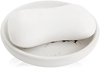 Round Ceramic Marble Soap Tray, Modern Design Soap Holder for Bathroom or Kitchen, Container for Sponges, Hand Soap Dish, Women Trinket Plate (White)