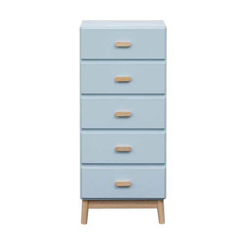 Rebecca Mobili Commode pour enfants, commode 5 tiroirs, bleu ciel, marron, MDF pin, style scandinave, pour chambre Montessori - Dimensions HxLxP : 115 x 50 x...