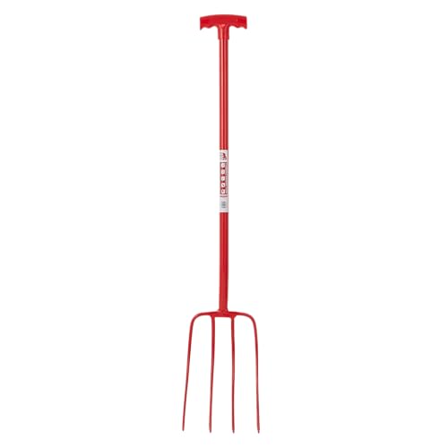 Red Gorilla 4 Prong Manure Fork with T Handle Red Lightweight For Stable Bedding Mucking Out Metal Pitchfork for Hay and Garden Compost 114cm Long
