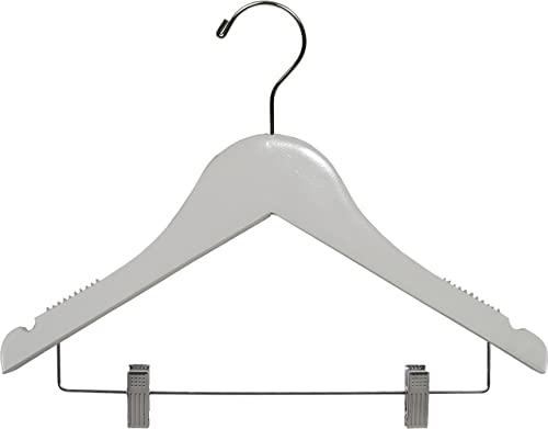 12 inch Kids Wooden Hanger with Clips 25 Pack, Children Toddler Non-Slip Shoulder Solid Wood Shirt Pants Coat Hangers, White Finish