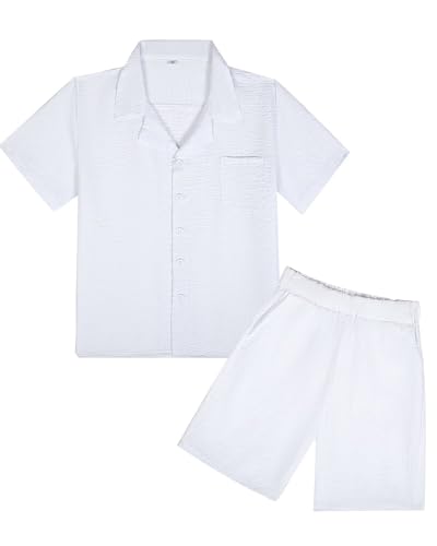 Image of Boys Summer Textured Outfit Beach Short Sleeve Button Down Shirts and Shorts 2 Piece Vacation Clothing Set for Kids
