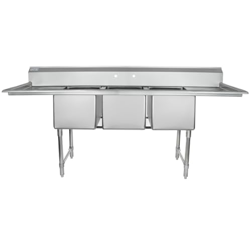 Image of Empura 88 inch Wide Stainless Steel Three Compartment Commercial Sink | Prep Utility 16 inch x 20 inch Bowl for Restaurant Laundry | (2) 18 inch Drainboard, 9.75 inch Backsplash, 88 inchW x 25.5 inchD x 44.25 inchH, 16 Gauge, NSF