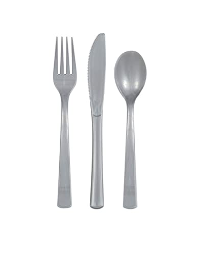 Image of Silver Plastic Silverware Set for 6 Guests (18pcs)