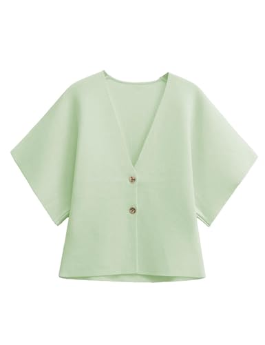 Cárdigan ligero de manga corta con botones para mujer, ligero, cuello en V, a la moda, color liso, con botones, amarillo claro, S