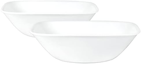 Corelle Vitrelle 1-Qt Serving Bowl, Large Serving Bowl, Triple Layer Glass, Crack and Chip Resistant, Square Serving Trays, (Pack of 2) White