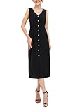 Lamer Elegant Classy Sleeveless V-Neck Button Front Midi Dress with Functional Pockets for Business Casual Women (Black, X-Large)