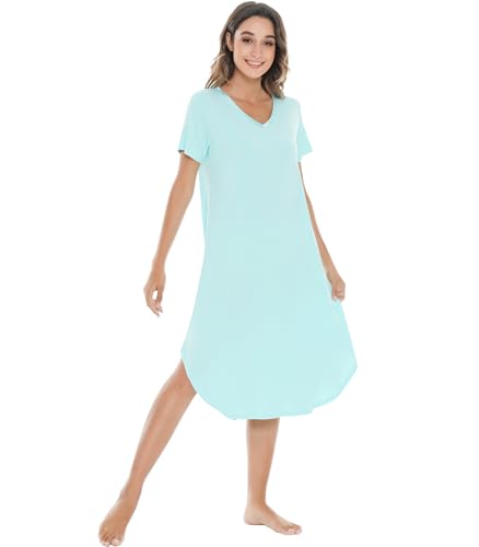 Image of NACHILA Nightgowns for Women-Viscose Made from Bamboo, V Neck Sleepshirts Short Sleeve Sleepwear Cool Nightshirt
