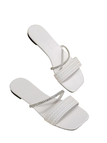 Image of GORGLITTER Women's Rhinestone Sparkly Flat Sandals Glitter Strappy Wedding Braided Prom Leather Square Toe Slide Shoes