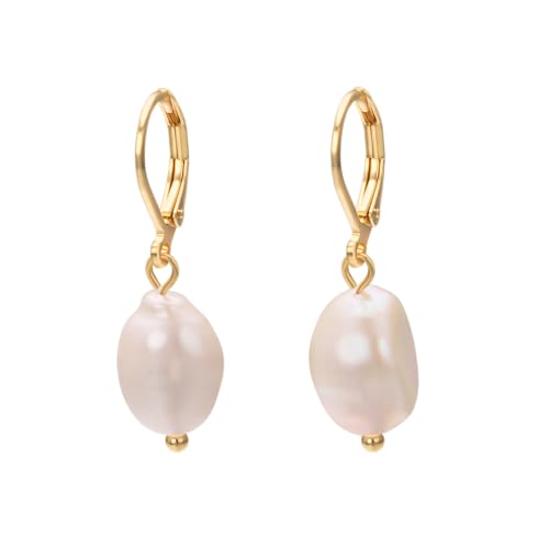 Vissen Boucles D'oreilles Perles Baroques D'eau Douce Pendante Femme Blanche Perle Plaqué Or 18k...