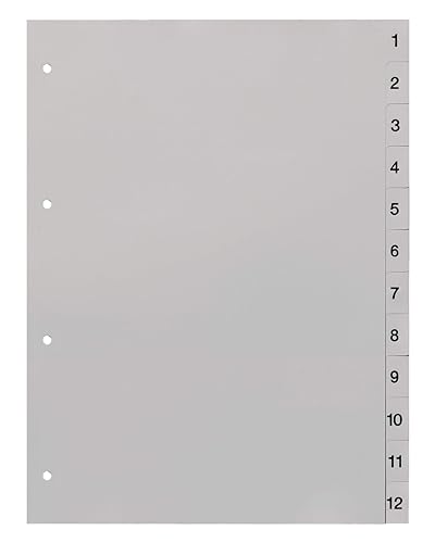 Mister Register Ordnerregister 1-12, neutral, ohne Deckblatt, 12-teilig, DIN A4, Register aus PP, strapazierfähige Trennblätter für Ordner, lichtgrau