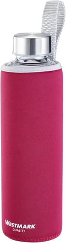 Westmark Trinkflasche, aus Glas mit Aufdruck, inkl. Schutzhülle, 550 ml, Glas/Silikon/Kautschuk, BPA-frei, Viva, Rot/Silber/Klar, 5272226R