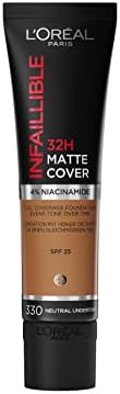 L'Oreal Paris Foundation, Infallible Matte Cover 24hour 355 Sienna, Sweat-proof, Heat-proof, Transfer-proof and Water-proof, SPF 18, 30 ml