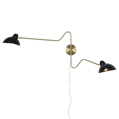 Image of Black and Gold Plug in Wall Sconce, 2-Light Swing Arms Wall Lamp with Plug Cord Big Wall Mount Lighting Fixture for Living Room Bedroom