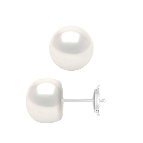 PEARLS & COLORS - Boucles d'Oreilles - Véritables Perles de Culture d'Eau Douce Boutons - Blanc Naturel - Qualité AAA+ - Or Blanc - Système Confort Sécurité - Bijou Femme