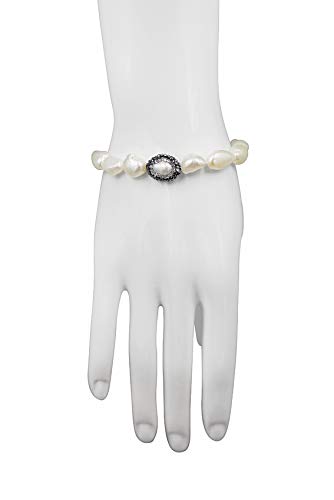 Genuine White Baroque Shaped 9-10MM Cultured Fresh Water Pearl Beaded Stretch Bracelet with A Druzy-Pave Cultured-Fresh Water Pearl in Center2