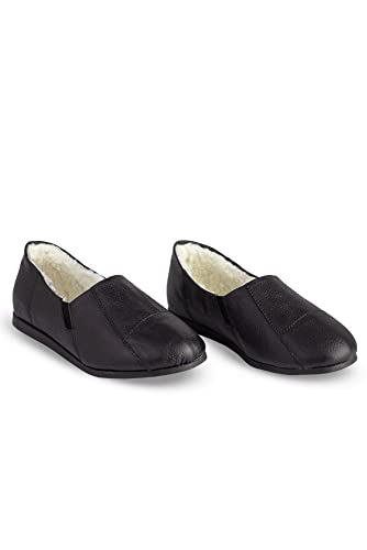 Sapatilha pantufa em couro unissex forrada com pelo 6103-46 - Preto